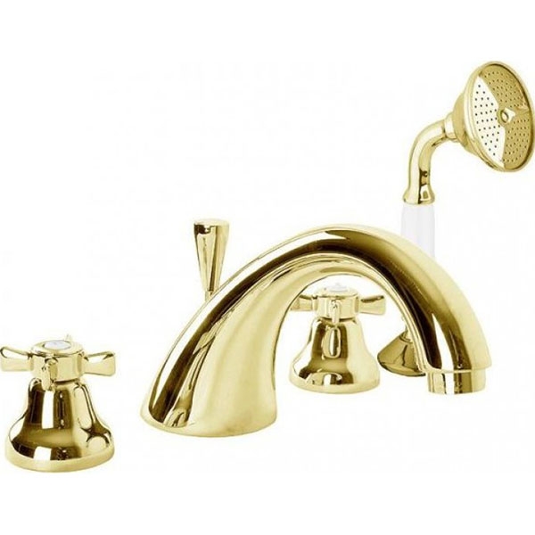 LORD-BVD-03/24 Смеситель на борт ванны с ручным выдвижным душем золото, ручки золото