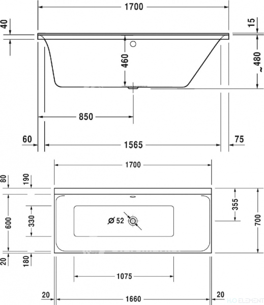 Акриловая ванна Duravit P3 Comforts 700374 170х70 см
