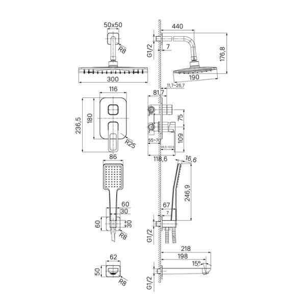 Душевая система с тропическим душем, ручным душем и изливом IDDIS Slide (SLIBL03i68)