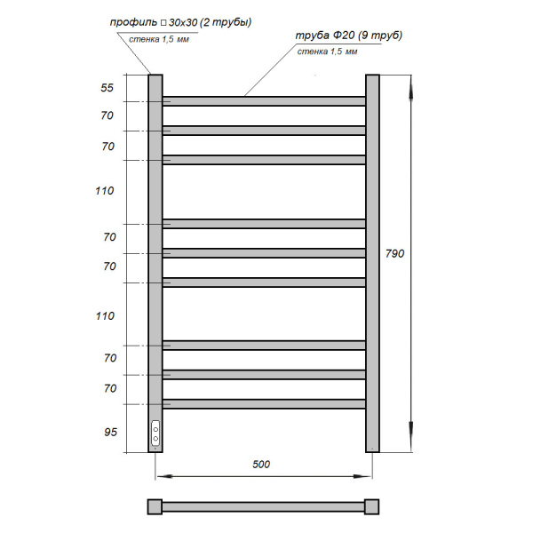 Полотенцесушитель электрический Point PN70758B П9 500x800, диммер слева, черный