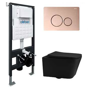 Комплект подвесной унитаз ABBER Rechteck черный матовый с инсталляцией и кнопкой золото розовое