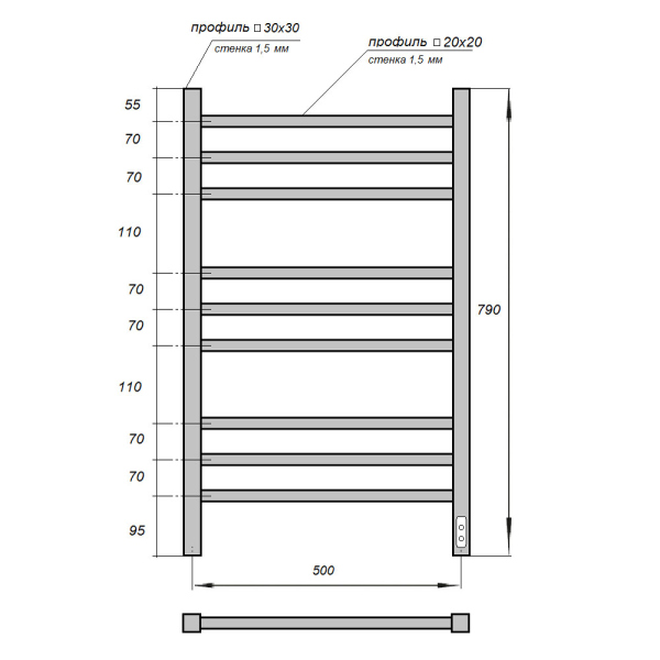 Полотенцесушитель электрический Point PN71858B П9 500x800, диммер справа, черный