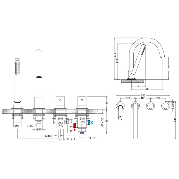 Смеситель для ванны с душем, врезной с термостатом Timo Saona черное золото (2330/18Y)