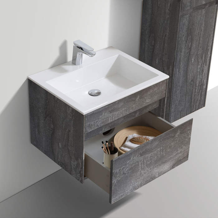 Тумба с раковиной Vincea Chiara 600 подвесная, 1 выкатной ящик soft-close, G.Stone, VMC-2C600GS+VCB-13600G