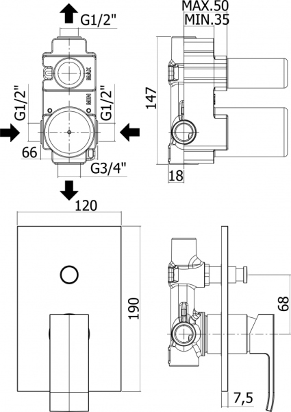 Смеситель Paffoni Elle EL015NO/M С ВНУТРЕННЕЙ ЧАСТЬЮ, для душа