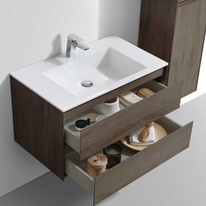 Тумба с раковиной Vincea Luka 800 подвесная, 2 выкатных ящика soft-close, R.Oak, VMC-2L800RO+VCB-13800B