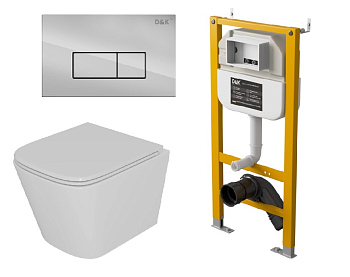 Комплект 3 в 1 D&K Унитаз подвесной безободковый, инсталляция, клавиша смыва (DS1431628)