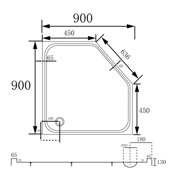 Душевой поддон ABBER AD3B090 90х90 трапеция, акриловый, белый