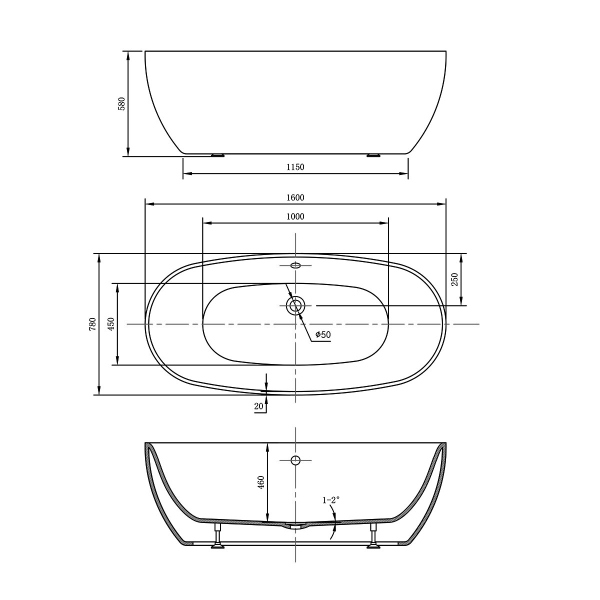 Ванна акриловая Vincea VBT-405-1600, 1600*780*580, цвет белый, щелевой перелив, слив хром Ванна акриловая Vincea VBT-405-1600, 1600*780*580, цвет белый, щелевой перелив, слив хром