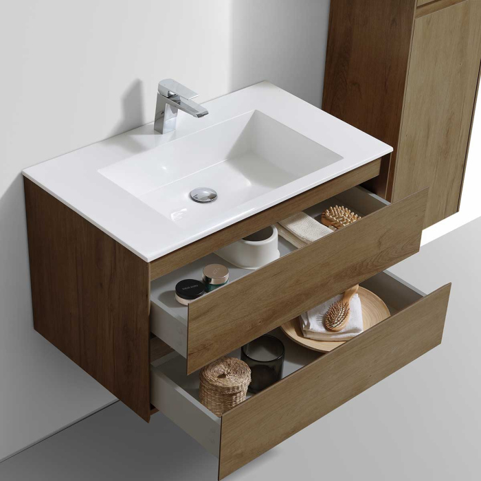 Тумба с раковиной Vincea Luka 800 подвесная, 2 выкатных ящика soft-close, T.Oak, VMC-2L800TO+VCB-13800G