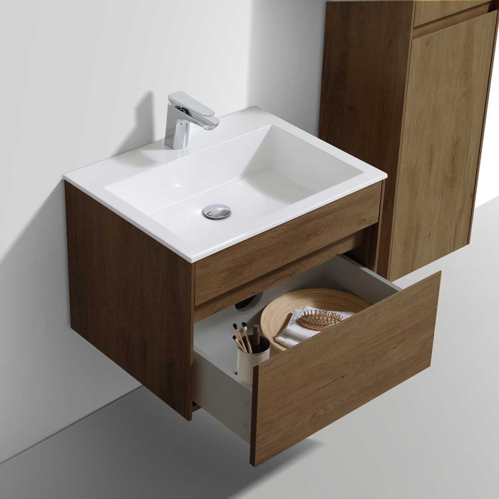 Тумба с раковиной Vincea Chiara 600 подвесная, 1 выкатной ящик soft-close, T.Oak, VMC-2C600TO+VCB-13600G