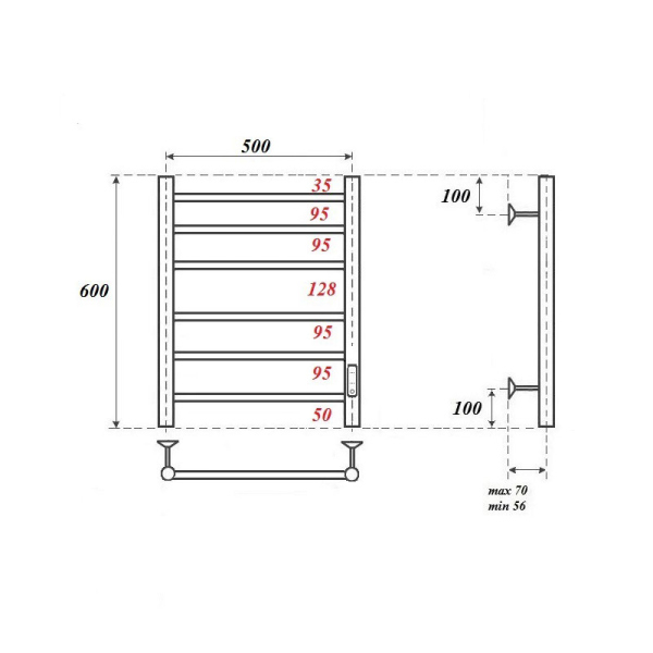 Полотенцесушитель электрический Point PN10856W П6 500x600 диммер справа, белый