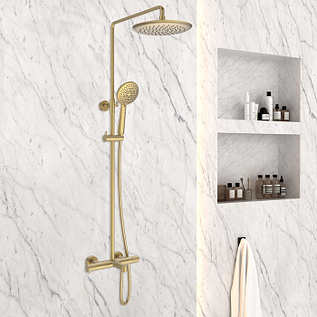 Душевая стойка Vincea Desire VSFS-1D1TBG термостатическая с изливом, брашированное золото