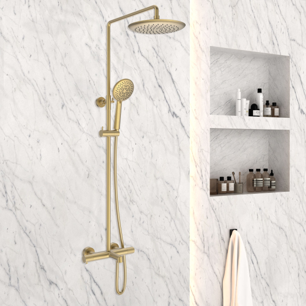 Душевая стойка Vincea Desire VSFS-1D1TBG термостатическая с изливом, брашированное золото