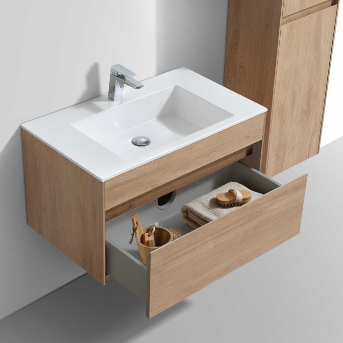 Тумба с раковиной Vincea Chiara 800 подвесная, 1 выкатной ящик soft-close, N.Oak, VMC-2C800NO+VCB-13800B
