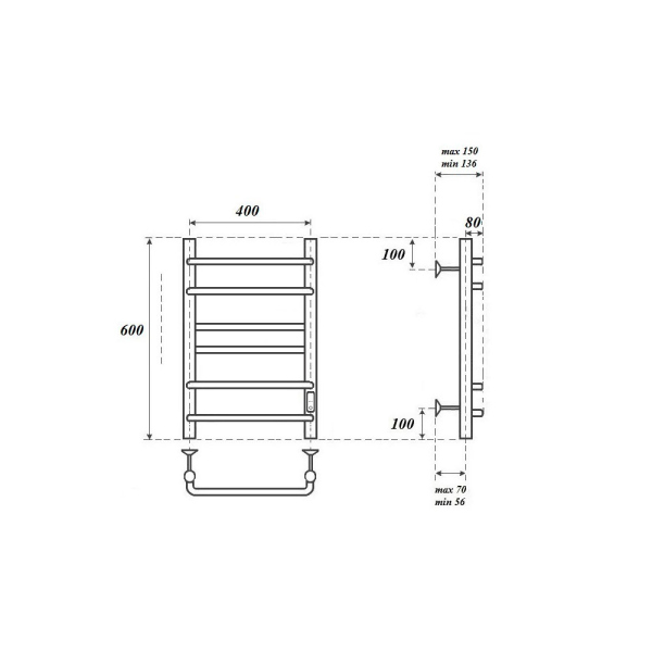 Полотенцесушитель электрический Point PN90846W П6 400x600 диммер справа, белый