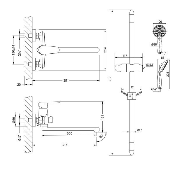 Смеситель Lemark для ванны и душа со стойкой в комплекте Point (LM0379C )