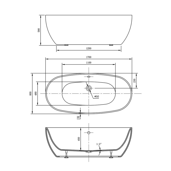 Ванна акриловая Vincea VBT-405-1700, 1700*800*580, цвет белый, щелевой перелив, слив хром Ванна акриловая Vincea VBT-405-1700, 1700*800*580, цвет белый, щелевой перелив, слив хром