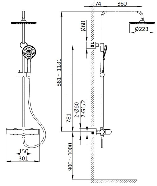 Душевая стойка Vincea Rondo VSFS-1R0GM без излива, вороненая сталь