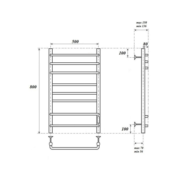 Полотенцесушитель электрический Point PN90858 П8 500x800 диммер справа, хром