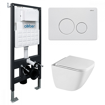 Комплект подвесной унитаз ABBER Rechteck белый, с закрытым дном, инсталляцией, кнопкой белая мат