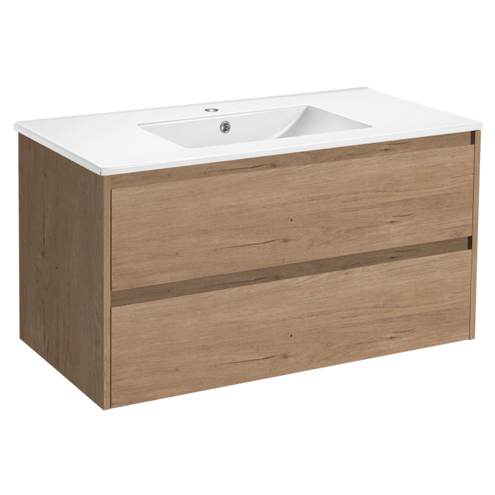 Тумба с раковиной Vincea Gio 100 подвесная, 2 выкатных ящика soft-close, N.Oak, VMC-2G100NO+VBS-13100