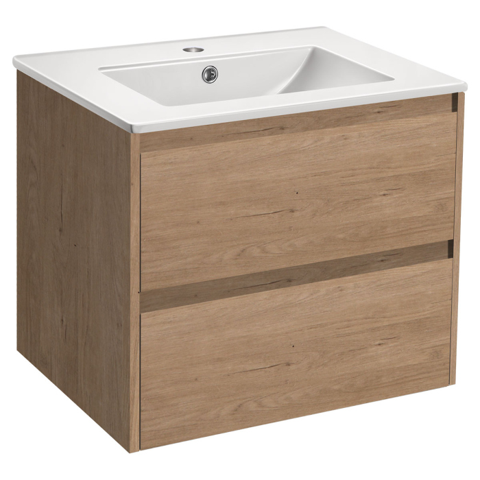 Тумба с раковиной Vincea Gio 600 подвесная, 2 выкатных ящика soft-close, N.Oak, VMC-2G600NO+VBS-13960MA