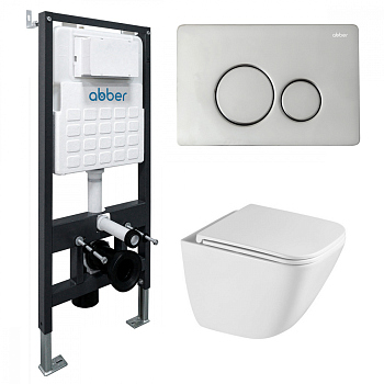 Комплект подвесной унитаз ABBER Rechteck белый, с закрытым дном, инсталляцией, кнопкой хром глянец