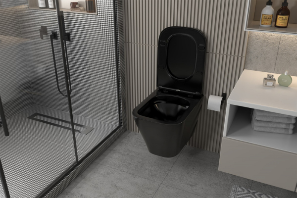 Комплект подвесной унитаз ABBER Rechteck черный матовый с инсталляцией и кнопкой белая матовая