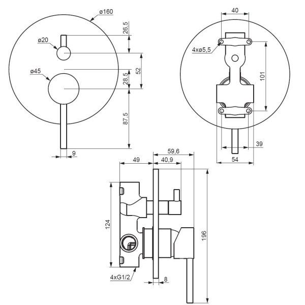 Смеситель для ванны и душа, монтируемый в стену Damixa Scandinavian Pure, 367100300