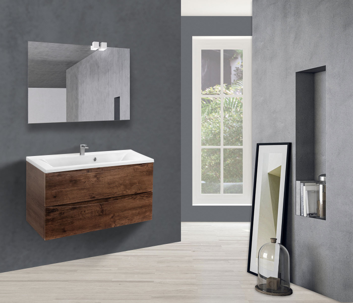 Тумба с раковиной Vincea Mia 900 подвесная, 2 выкатных ящика soft close, R.Wood, VMC-2MA900RW+VCB-3M900G