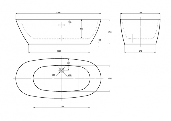 Ванна акриловая Vincea, VBT-104,170х75