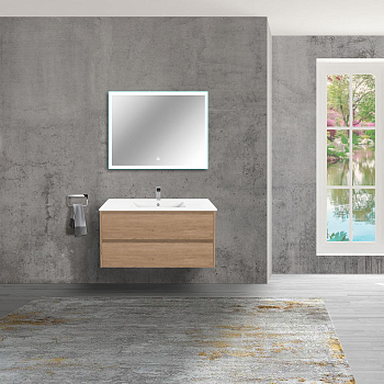 Тумба с раковиной Vincea Gio 100 подвесная, 2 выкатных ящика soft-close, N.Oak, VMC-2G100NO+VBS-13100MB