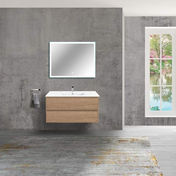 Тумба с раковиной Vincea Gio 100 подвесная, 2 выкатных ящика soft-close, N.Oak, VMC-2G100NO+VBS-13100MB