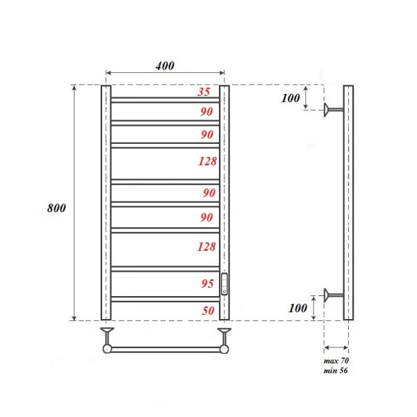 Полотенцесушитель электрический Point PN10848B П8 400x800 диммер справа, черный