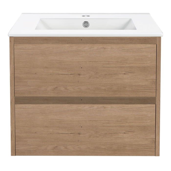 Тумба с раковиной Vincea Gio 600 подвесная, 2 выкатных ящика soft-close, N.Oak, VMC-2G600NO+VBS-13960MB