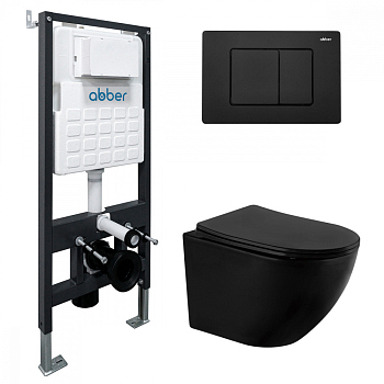 Комплект подвесной унитаз ABBER Bequem черный с инсталляцией и кнопкой, черная матовая