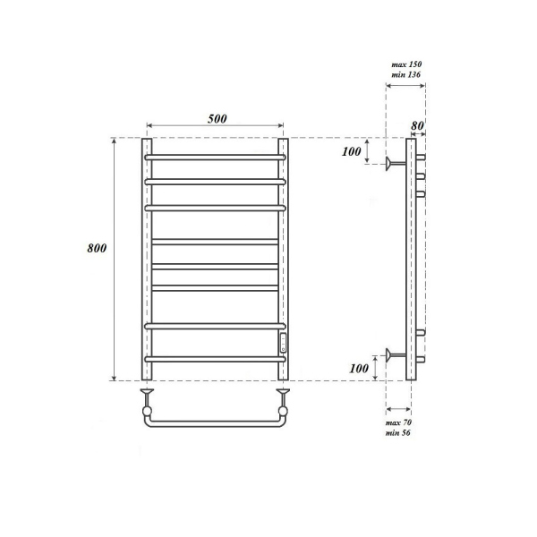 Полотенцесушитель электрический Point PN90858W П8 500x800 диммер справа, белый