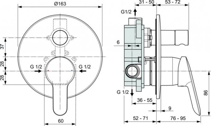 Смеситель Ideal Standard Dot 2.0 для ванны с душем, С ВНУТРЕННЕЙ ЧАСТЬЮ