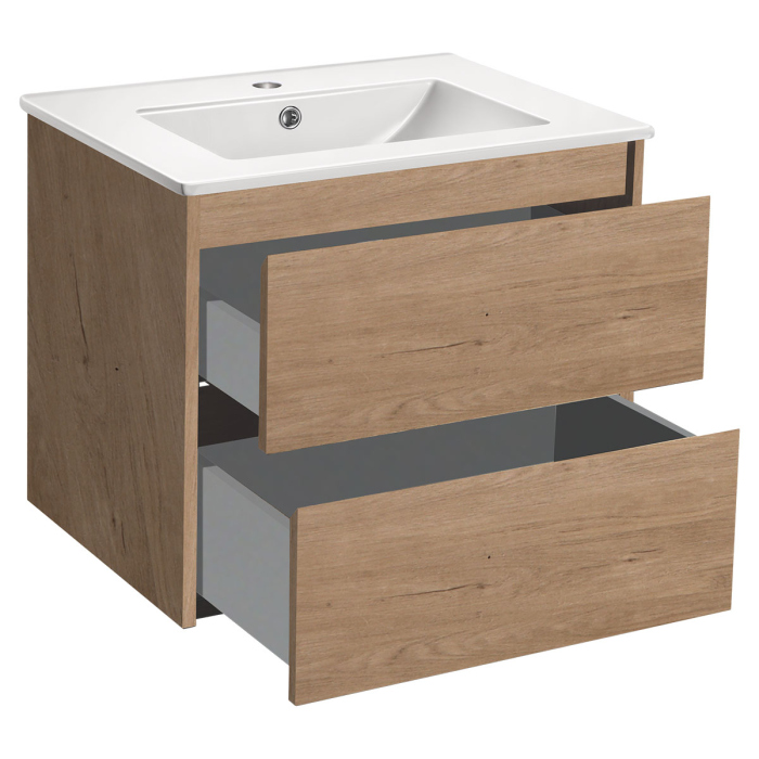 Тумба с раковиной Vincea Gio 600 подвесная, 2 выкатных ящика soft-close, N.Oak, VMC-2G600NO+VBS-13960