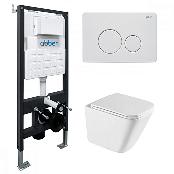 Комплект подвесной унитаз ABBER Rechteck белый, с закрытым дном, инсталляцией, кнопкой белая мат