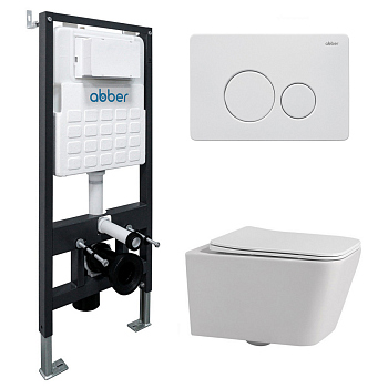 Комплект подвесной унитаз ABBER Rechteck белый с инсталляцией и кнопкой белая матовая