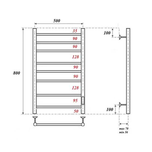 Полотенцесушитель электрический Point PN10858B П8 500x800 диммер справа, черный