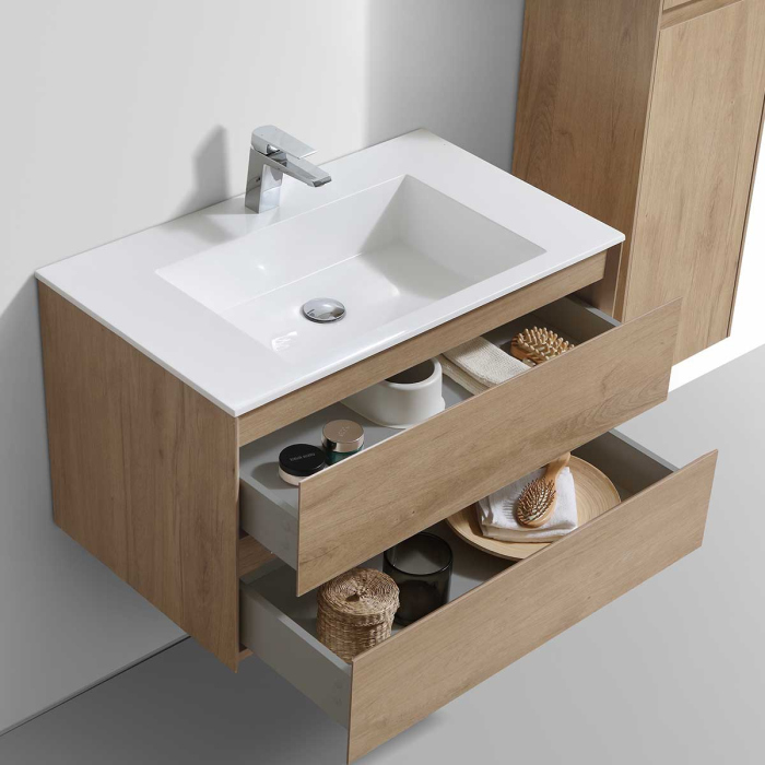 Тумба с раковиной Vincea Luka 800 подвесная, 2 выкатных ящика soft-close, N.Oak, VMC-2L800NO+VCB-13800B