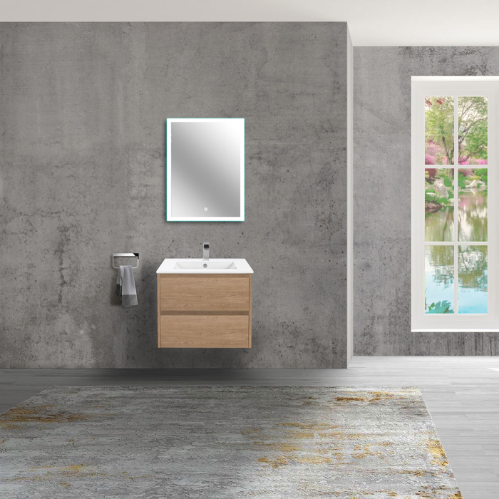 Тумба с раковиной Vincea Gio 600 подвесная, 2 выкатных ящика soft-close, N.Oak, VMC-2G600NO+VBS-13960MA