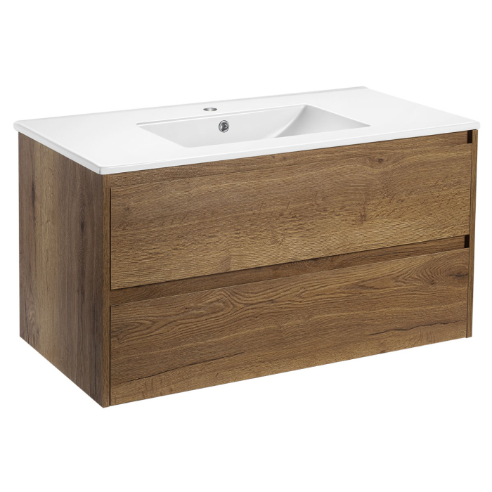 Тумба с раковиной Vincea Gio 100 подвесная, 2 выкатных ящика soft-close, T.Oak, VMC-2G100TO+VBS-13100MB
