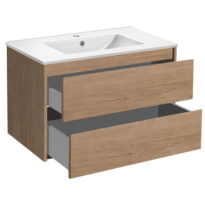 Тумба с раковиной Vincea Gio 800 подвесная, 2 выкатных ящика soft-close, N.Oak, VMC-2G800NO+VBS-13980