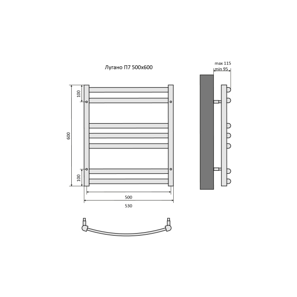 Полотенцесушитель водяной Aquatek (Акватек) Лугано П7 500х600 мм, черный, AQ DOC0760BL