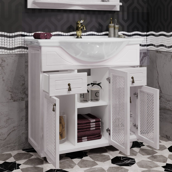 Тумба с раковиной Opadiris Тибет 80 с декоративной решеткой, беленый бук