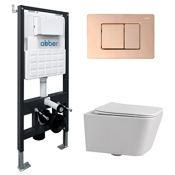 Комплект подвесной унитаз ABBER Rechteck белый с инсталляцией и кнопкой золото розовое
